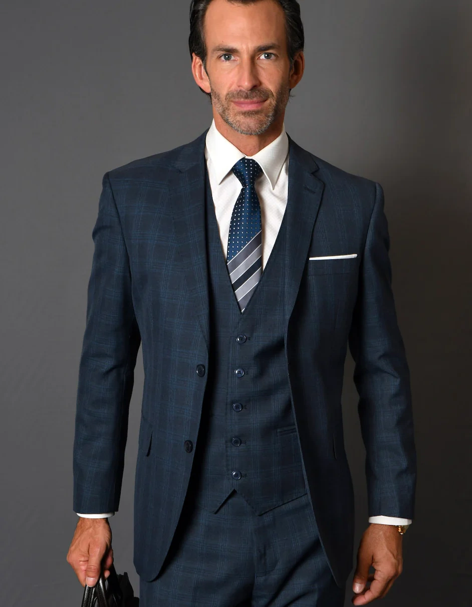 Elegant Herren-Wollanzug: Klassische Weste & Navy-Blau-Plaid für Business oder stilvolle Anlässe.